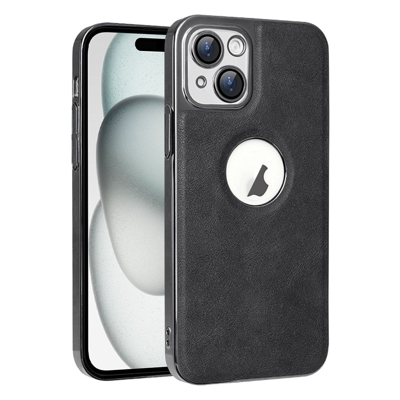ELECTROPRIME For iPhone 15 Electroplated Leather Texture PU + PC Phone Case(Black)