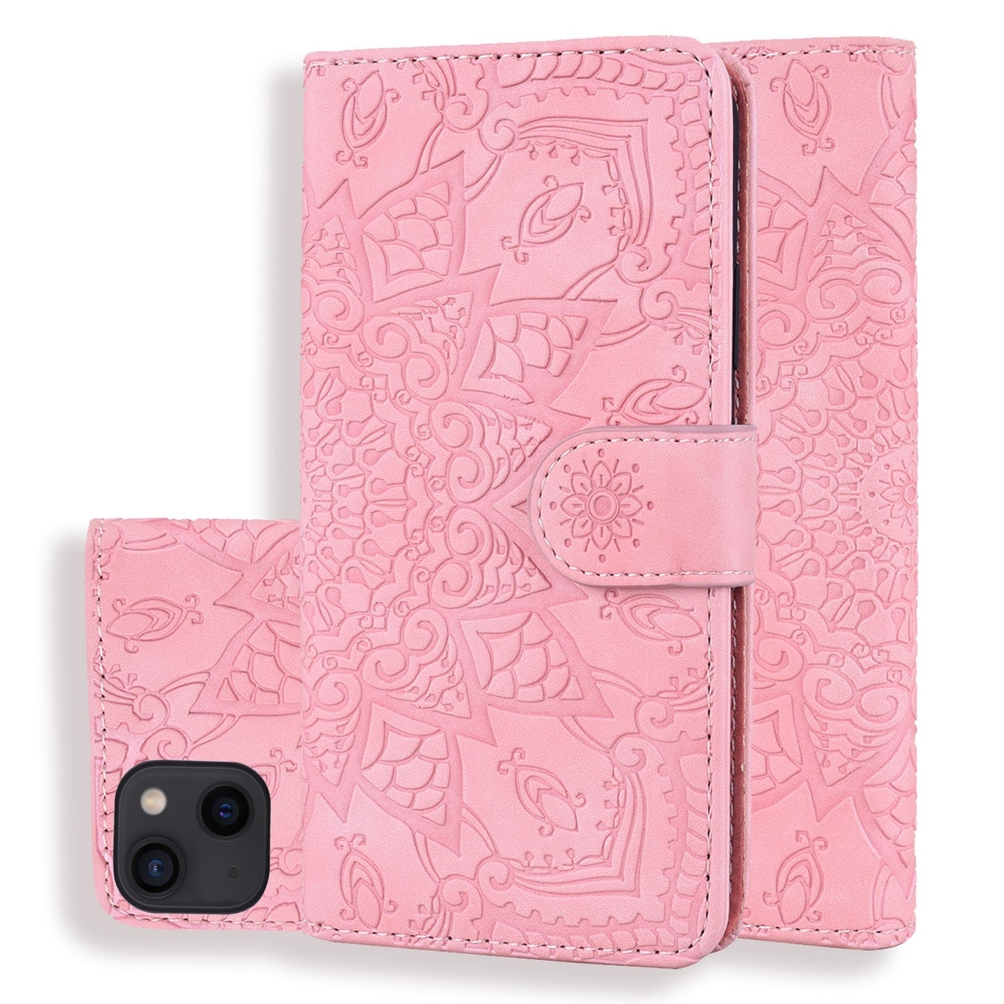 ELECTROPRIME For iPhone 15 Mandala Embossed Dual-Fold Calf Leather Phone Case(Pink)