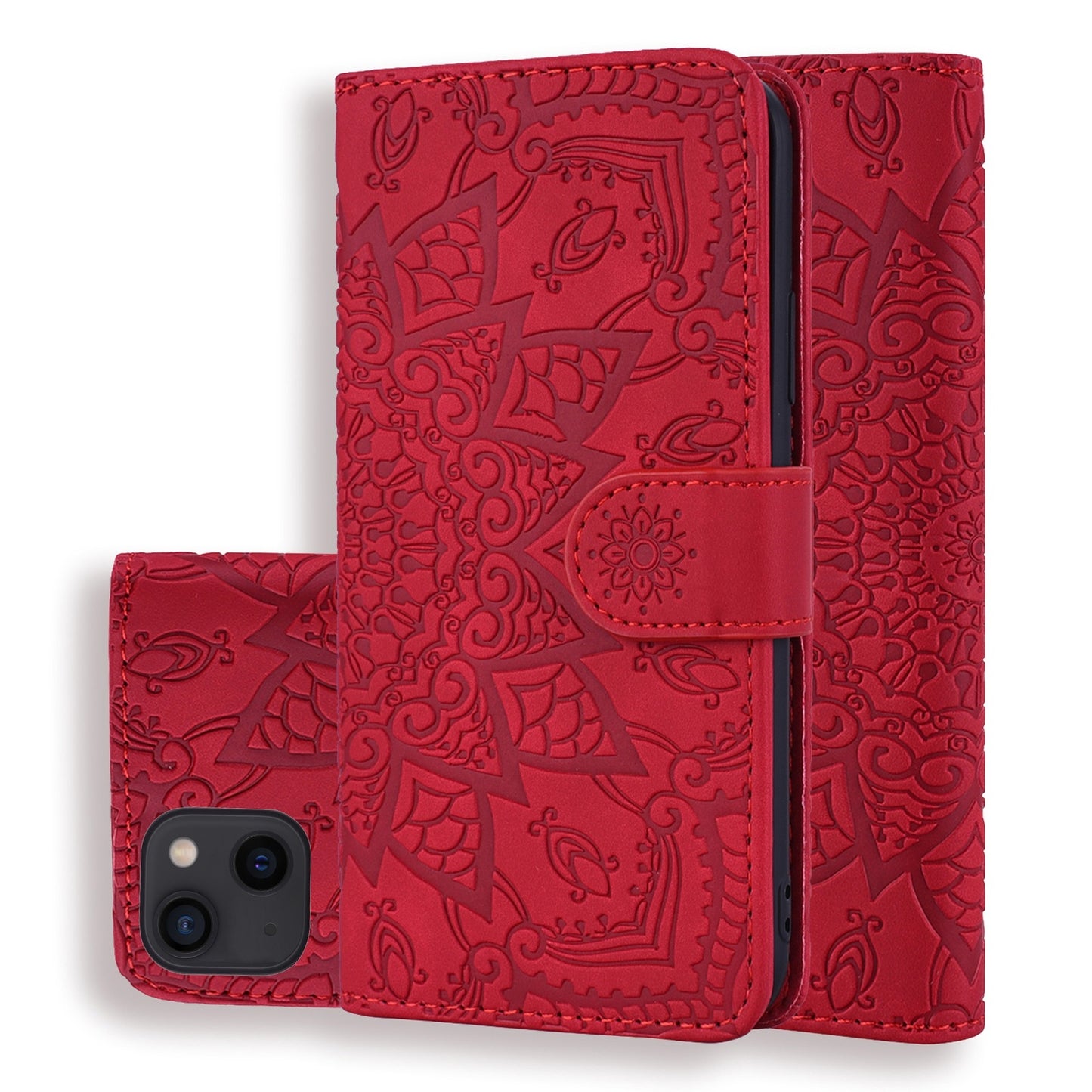 ELECTROPRIME For iPhone 15 Mandala Embossed Dual-Fold Calf Leather Phone Case(Red)