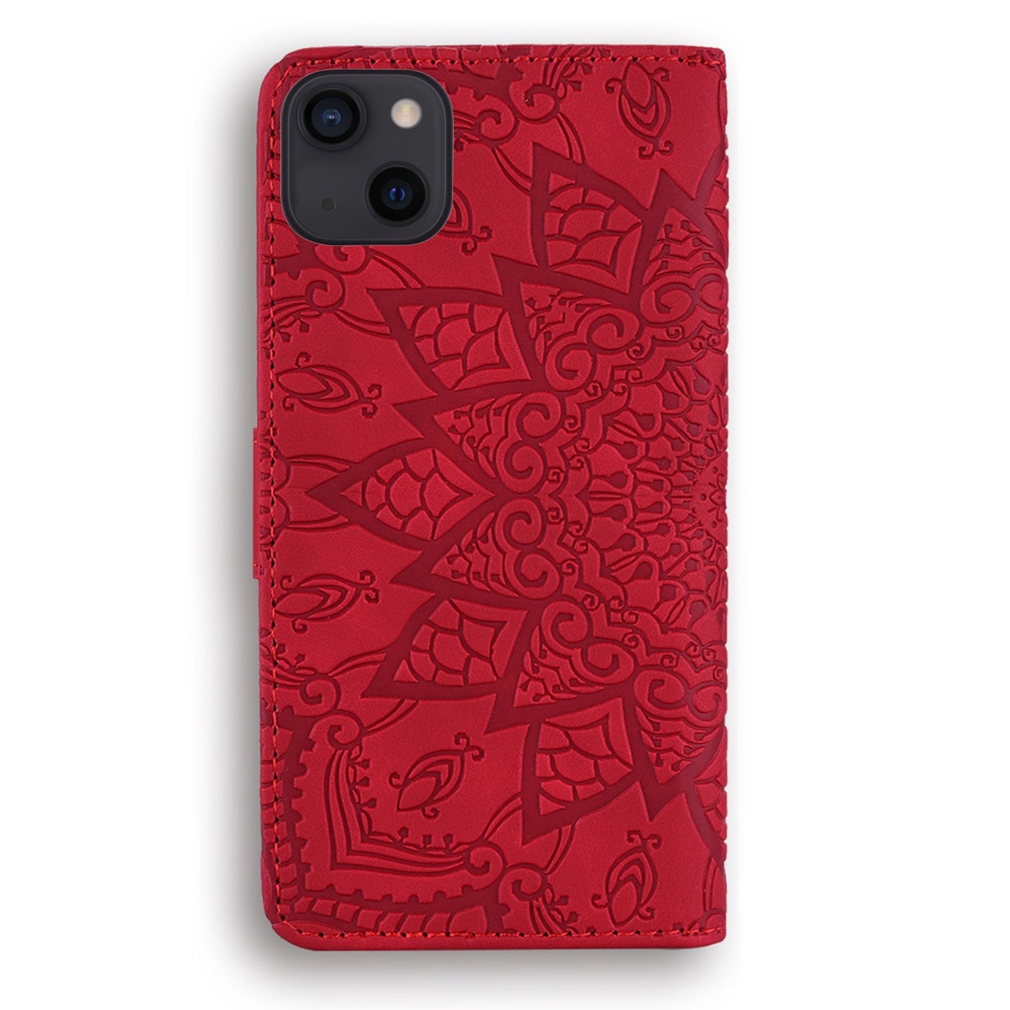ELECTROPRIME For iPhone 15 Mandala Embossed Dual-Fold Calf Leather Phone Case(Red)