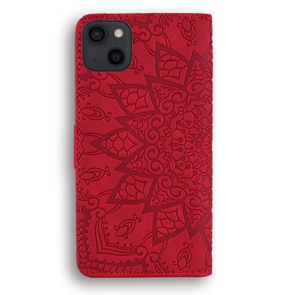 ELECTROPRIME For iPhone 15 Mandala Embossed Dual-Fold Calf Leather Phone Case(Red)