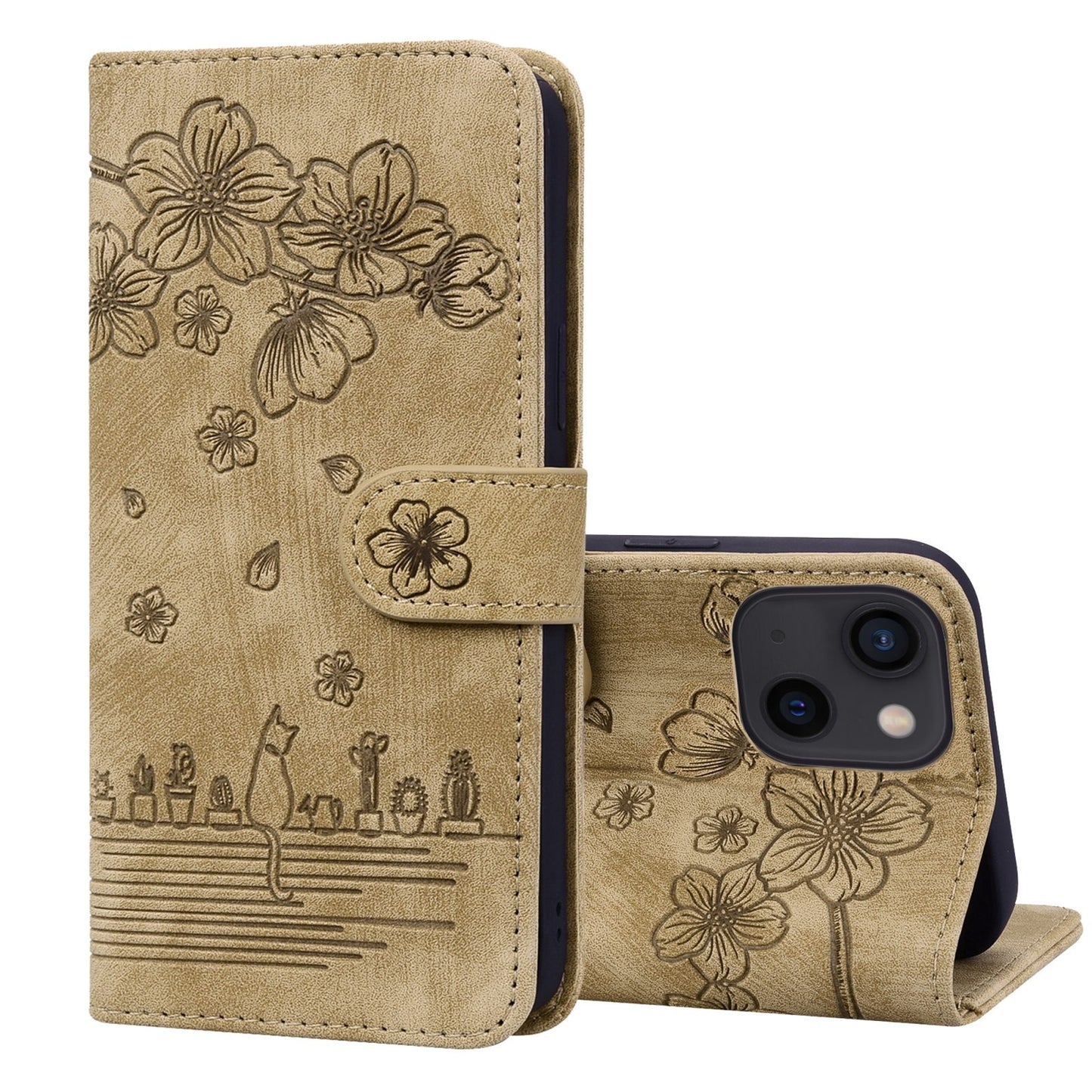 ELECTROPRIME For iPhone 15 Cartoon Sakura Cat Embossed Leather Phone Case(Brown)