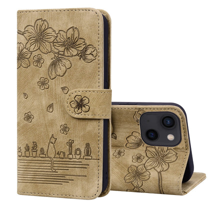 ELECTROPRIME For iPhone 15 Cartoon Sakura Cat Embossed Leather Phone Case(Brown)