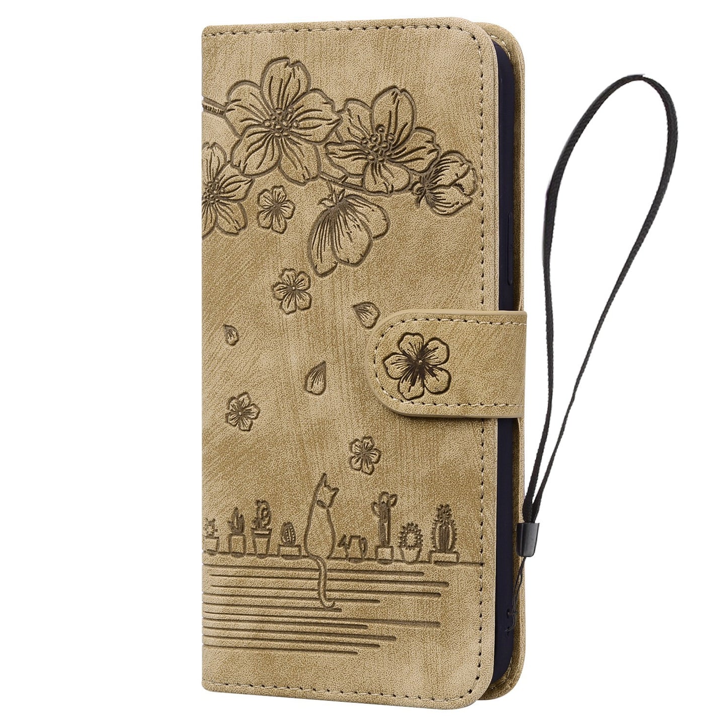 ELECTROPRIME For iPhone 15 Cartoon Sakura Cat Embossed Leather Phone Case(Brown)