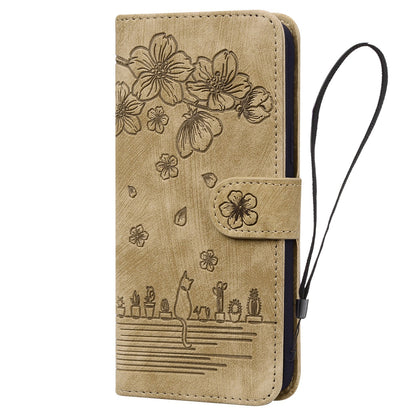ELECTROPRIME For iPhone 15 Cartoon Sakura Cat Embossed Leather Phone Case(Brown)