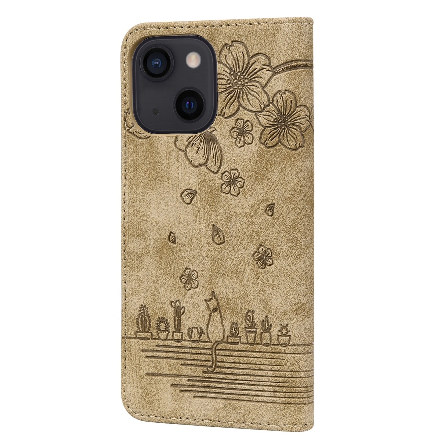 ELECTROPRIME For iPhone 15 Cartoon Sakura Cat Embossed Leather Phone Case(Brown)