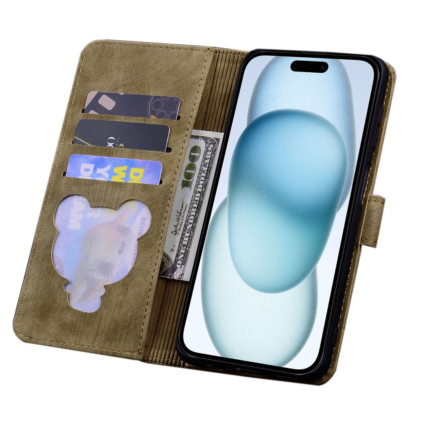 ELECTROPRIME For iPhone 15 Cartoon Sakura Cat Embossed Leather Phone Case(Brown)