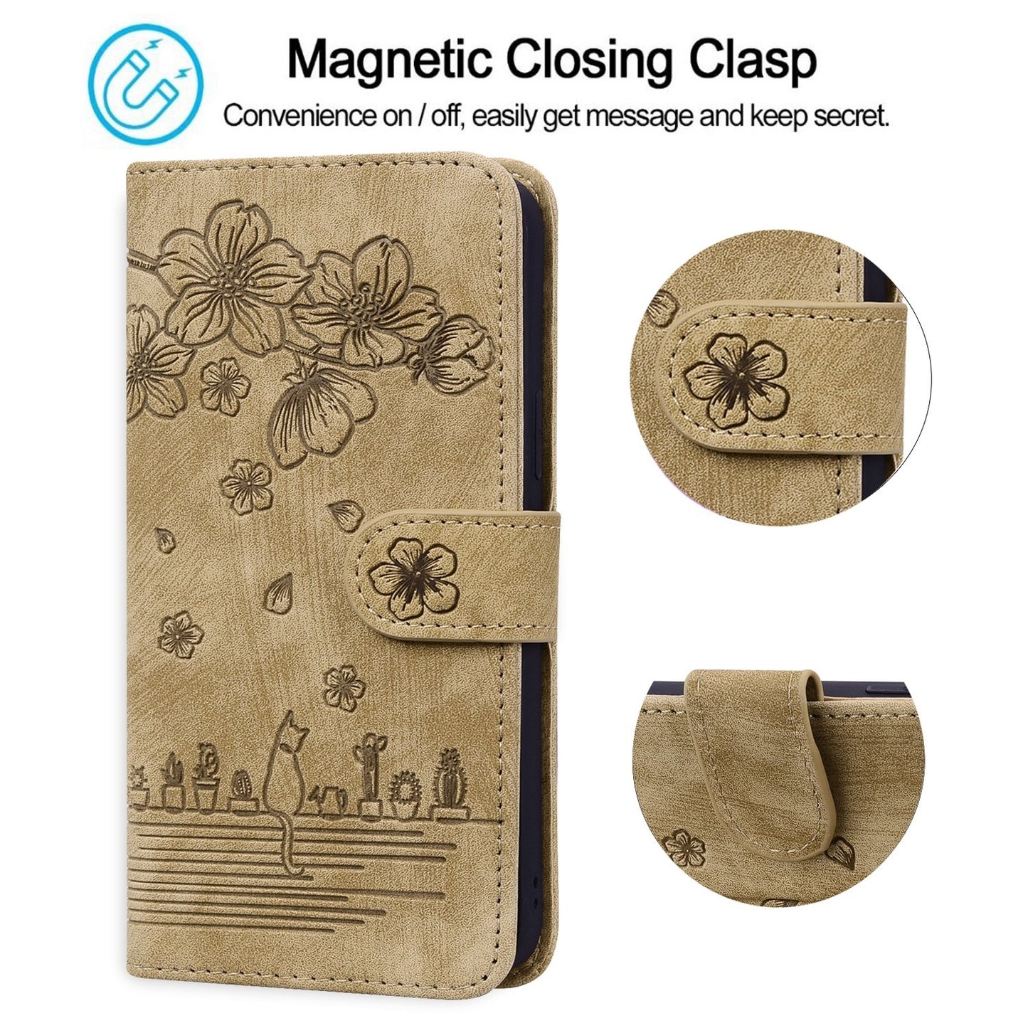 ELECTROPRIME For iPhone 15 Cartoon Sakura Cat Embossed Leather Phone Case(Brown)