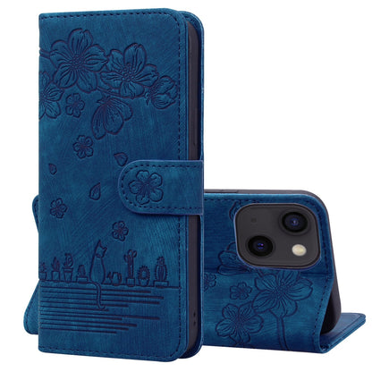 ELECTROPRIME For iPhone 15 Cartoon Sakura Cat Embossed Leather Phone Case(Royal Blue)
