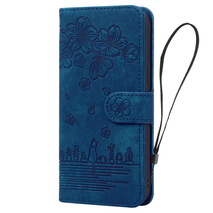 ELECTROPRIME For iPhone 15 Cartoon Sakura Cat Embossed Leather Phone Case(Royal Blue)