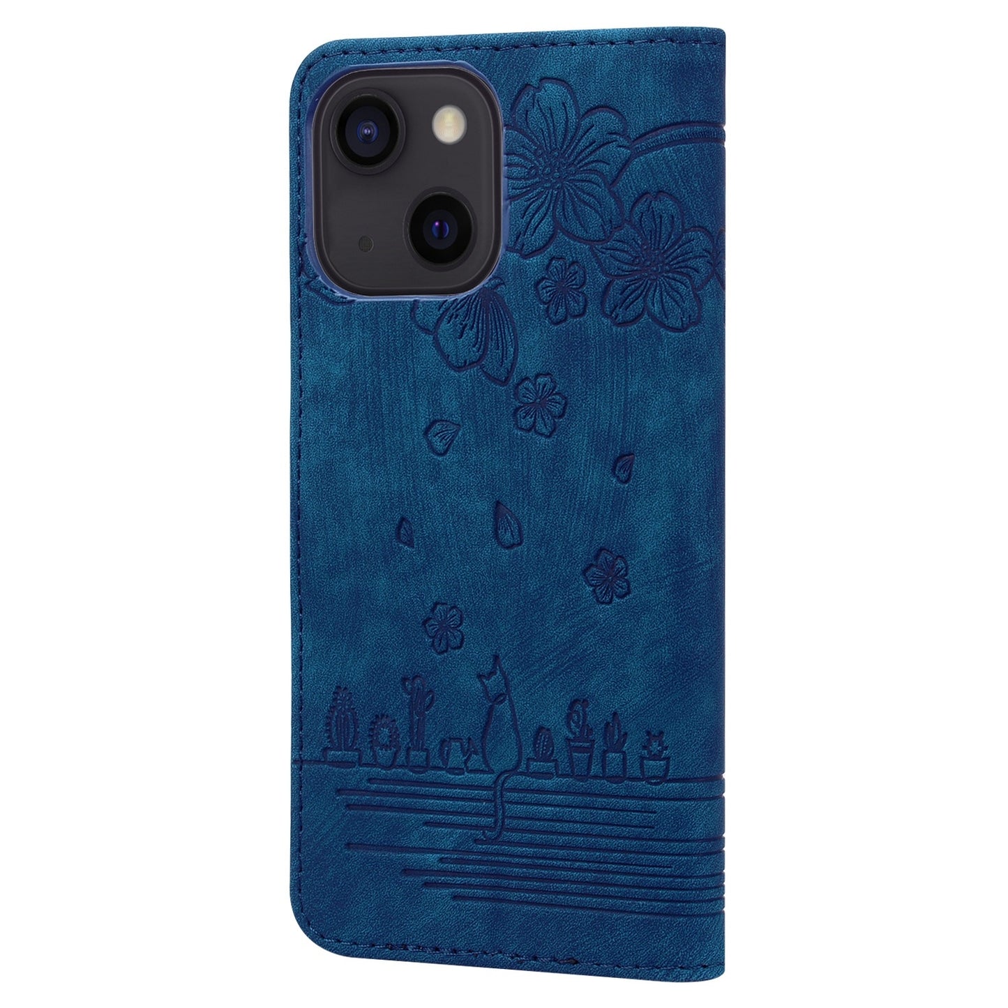 ELECTROPRIME For iPhone 15 Cartoon Sakura Cat Embossed Leather Phone Case(Royal Blue)