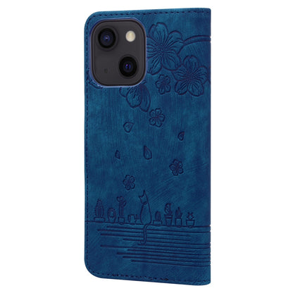 ELECTROPRIME For iPhone 15 Cartoon Sakura Cat Embossed Leather Phone Case(Royal Blue)