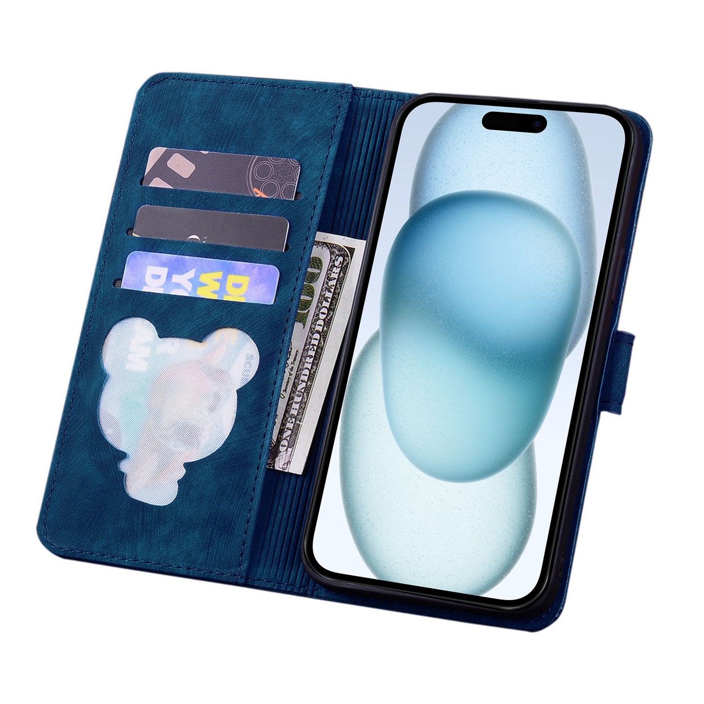 ELECTROPRIME For iPhone 15 Cartoon Sakura Cat Embossed Leather Phone Case(Royal Blue)
