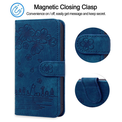 ELECTROPRIME For iPhone 15 Cartoon Sakura Cat Embossed Leather Phone Case(Royal Blue)