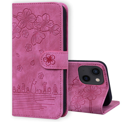 ELECTROPRIME For iPhone 15 Cartoon Sakura Cat Embossed Leather Phone Case(Rose Red)