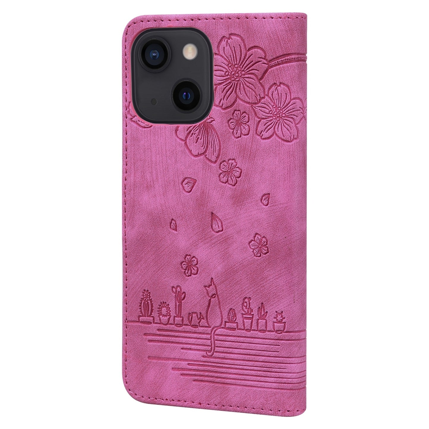 ELECTROPRIME For iPhone 15 Cartoon Sakura Cat Embossed Leather Phone Case(Rose Red)