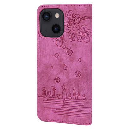 ELECTROPRIME For iPhone 15 Cartoon Sakura Cat Embossed Leather Phone Case(Rose Red)