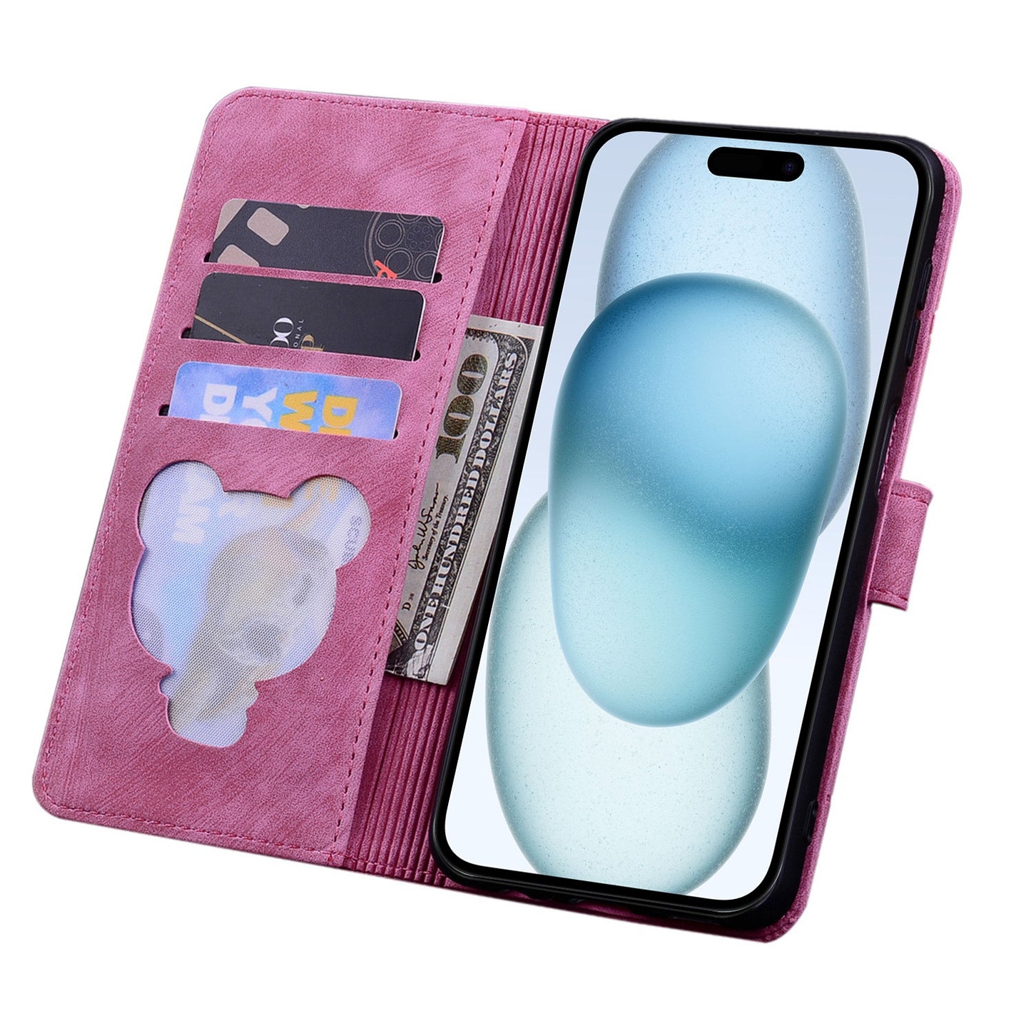 ELECTROPRIME For iPhone 15 Cartoon Sakura Cat Embossed Leather Phone Case(Rose Red)