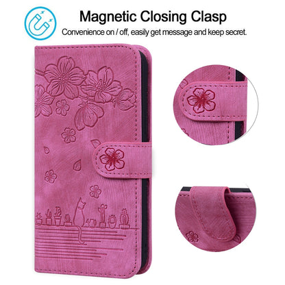 ELECTROPRIME For iPhone 15 Cartoon Sakura Cat Embossed Leather Phone Case(Rose Red)