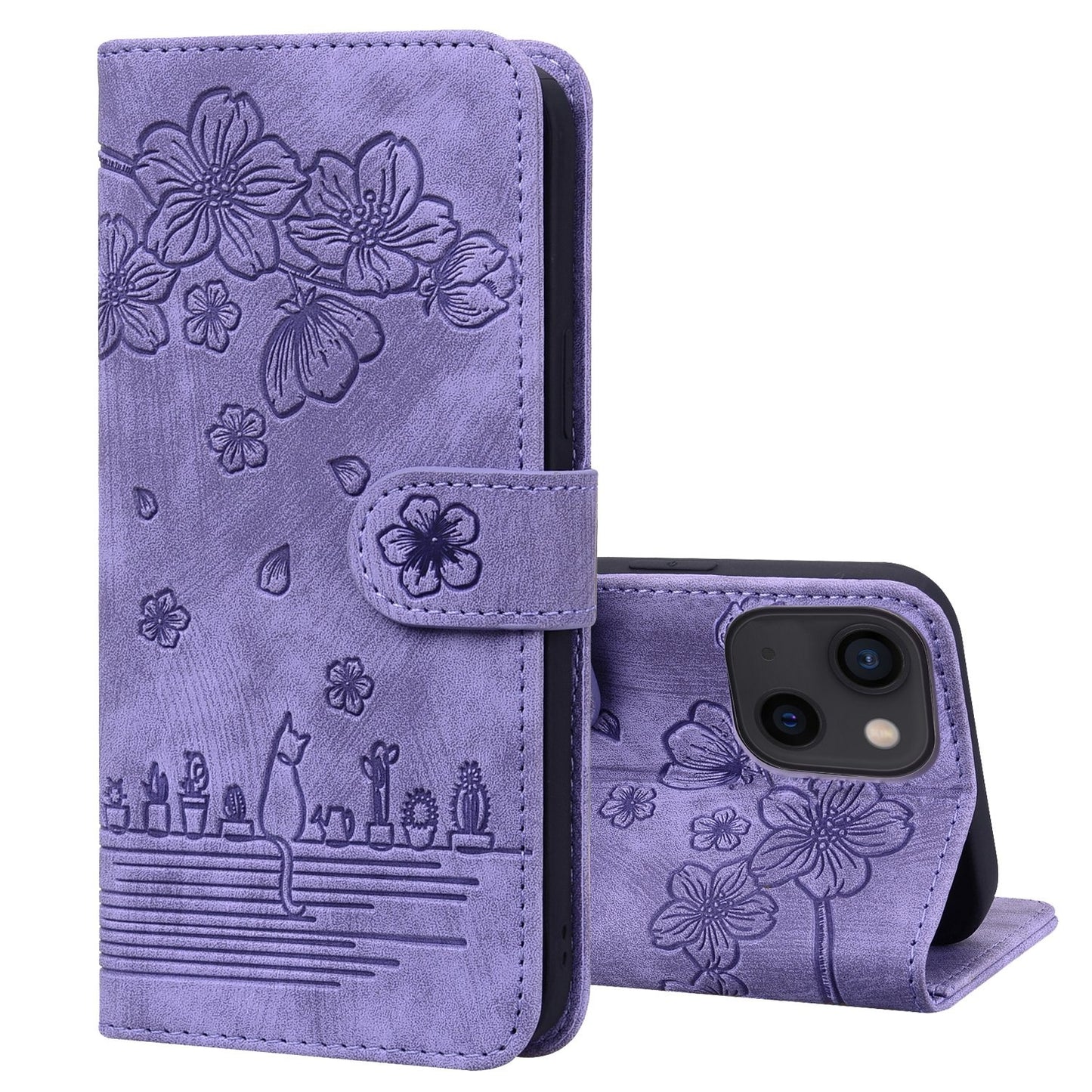 ELECTROPRIME For iPhone 15 Cartoon Sakura Cat Embossed Leather Phone Case(Purple)