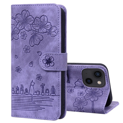 ELECTROPRIME For iPhone 15 Cartoon Sakura Cat Embossed Leather Phone Case(Purple)