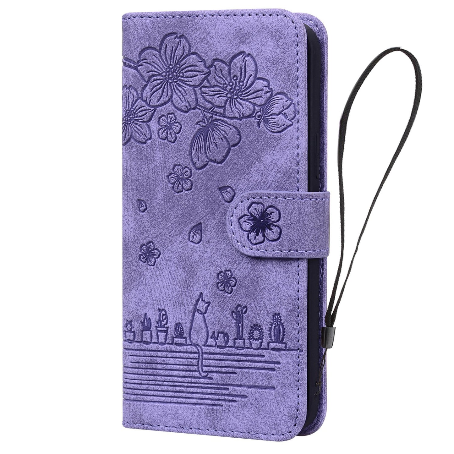 ELECTROPRIME For iPhone 15 Cartoon Sakura Cat Embossed Leather Phone Case(Purple)