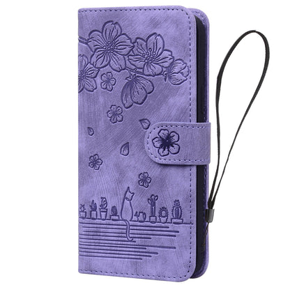 ELECTROPRIME For iPhone 15 Cartoon Sakura Cat Embossed Leather Phone Case(Purple)