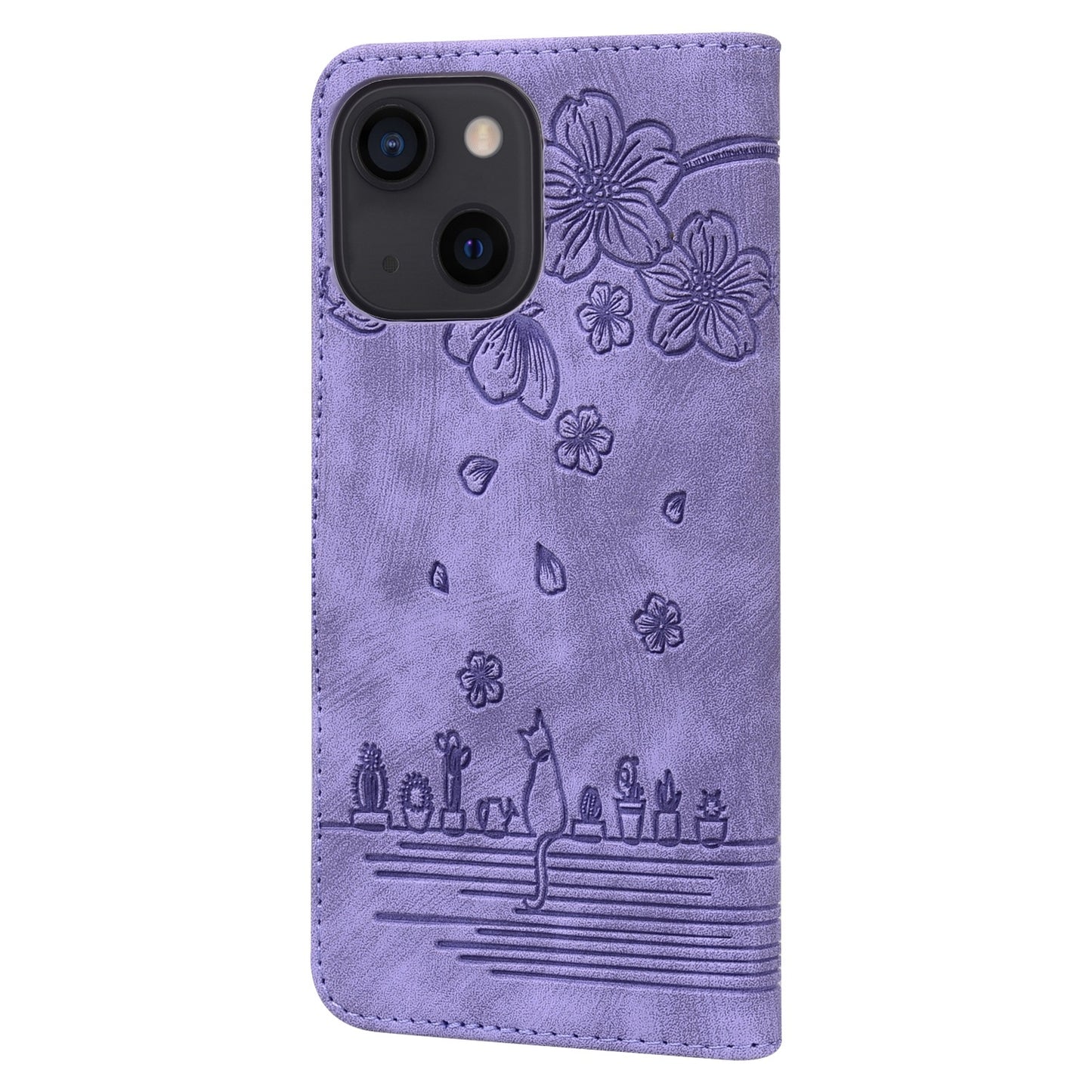 ELECTROPRIME For iPhone 15 Cartoon Sakura Cat Embossed Leather Phone Case(Purple)
