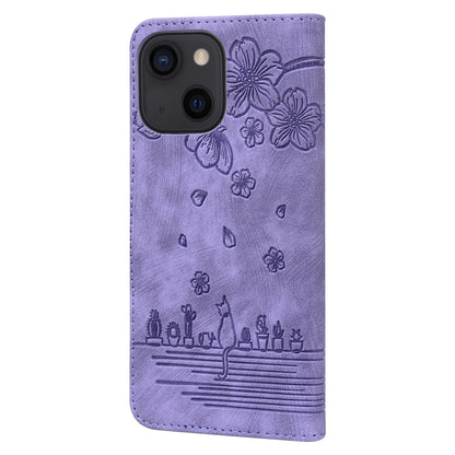 ELECTROPRIME For iPhone 15 Cartoon Sakura Cat Embossed Leather Phone Case(Purple)