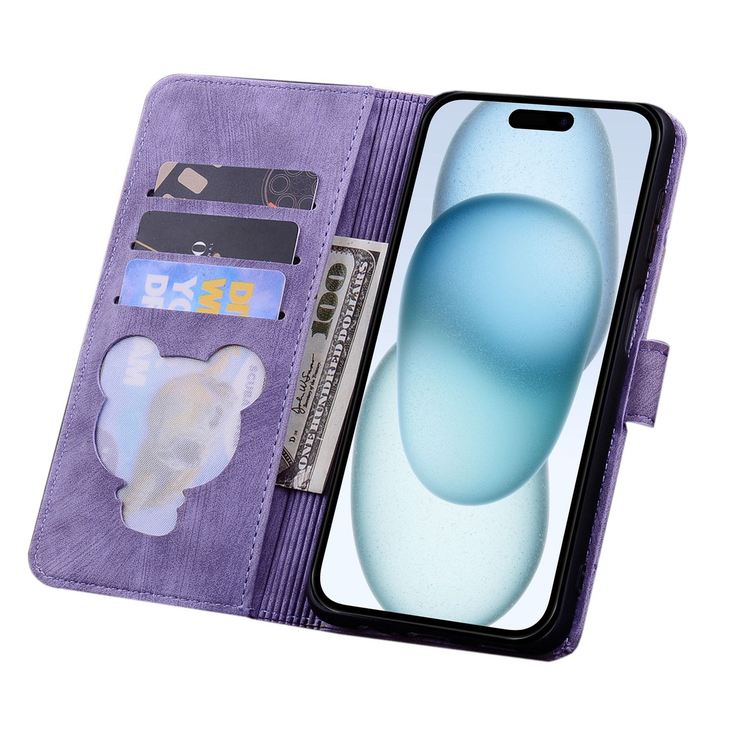 ELECTROPRIME For iPhone 15 Cartoon Sakura Cat Embossed Leather Phone Case(Purple)
