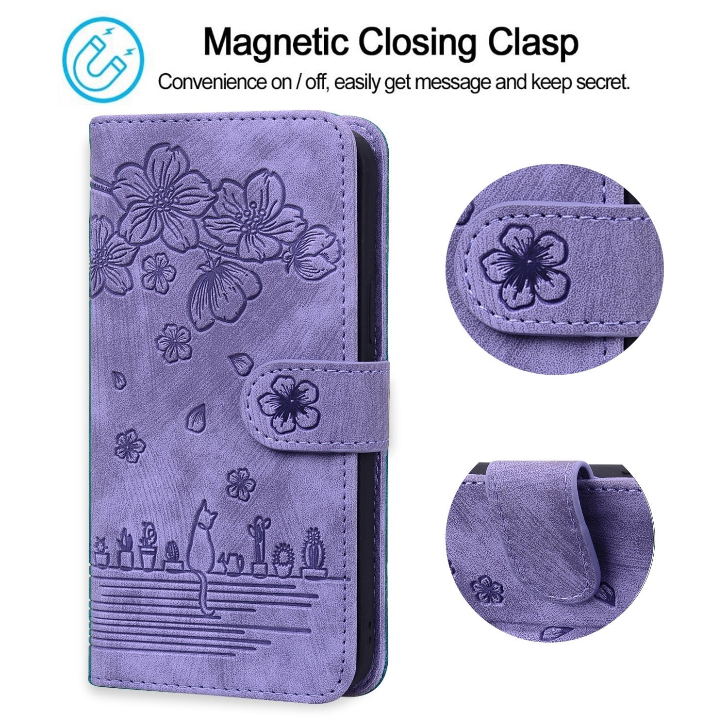ELECTROPRIME For iPhone 15 Cartoon Sakura Cat Embossed Leather Phone Case(Purple)