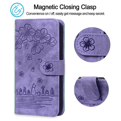ELECTROPRIME For iPhone 15 Cartoon Sakura Cat Embossed Leather Phone Case(Purple)