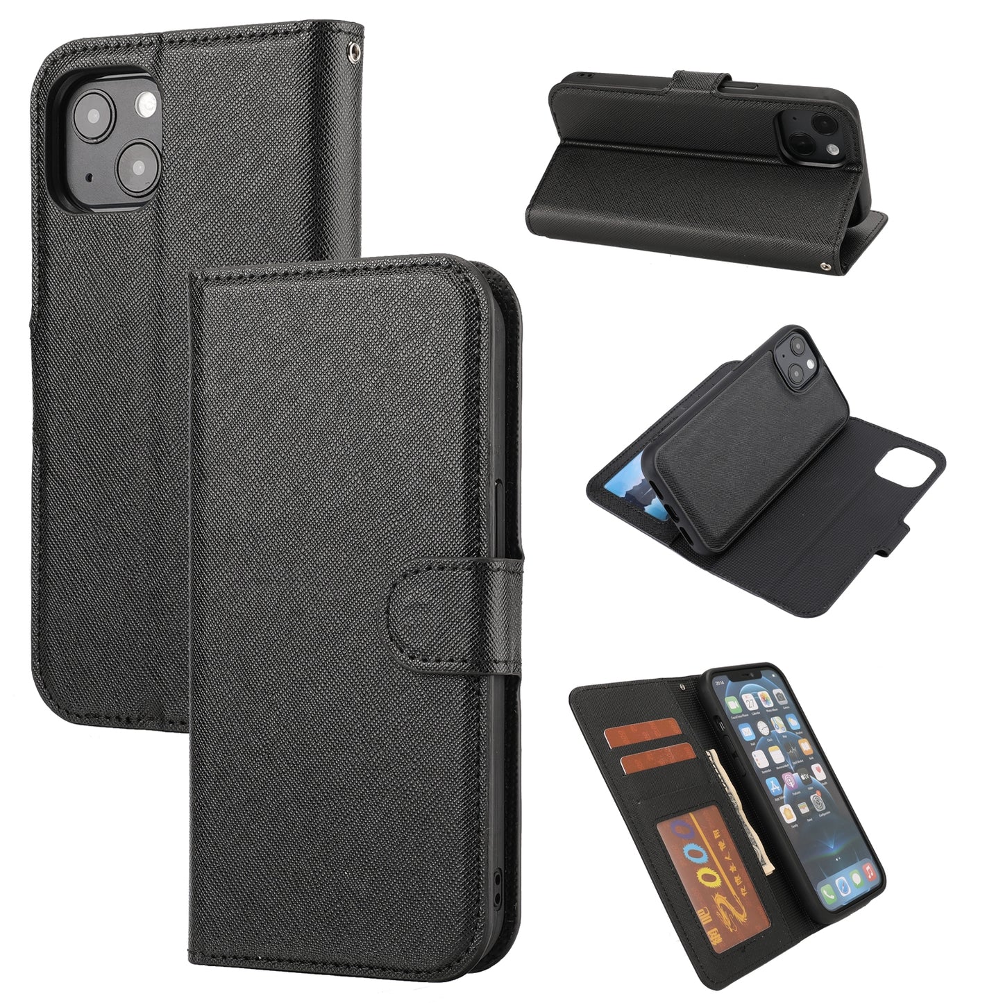 ELECTROPRIME For iPhone 15 Cross Texture Detachable Horizontal Flip PU Leather Case(Black)