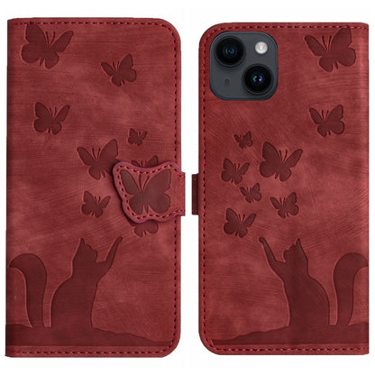 ELECTROPRIME For iPhone 15 Butterfly Cat Embossing Flip Leather Phone Case(Red)