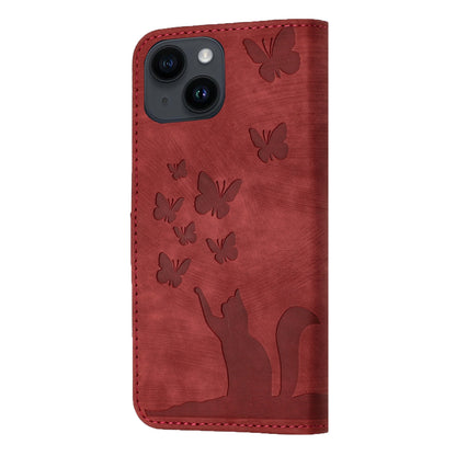 ELECTROPRIME For iPhone 15 Butterfly Cat Embossing Flip Leather Phone Case(Red)