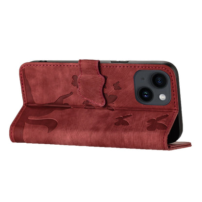 ELECTROPRIME For iPhone 15 Butterfly Cat Embossing Flip Leather Phone Case(Red)