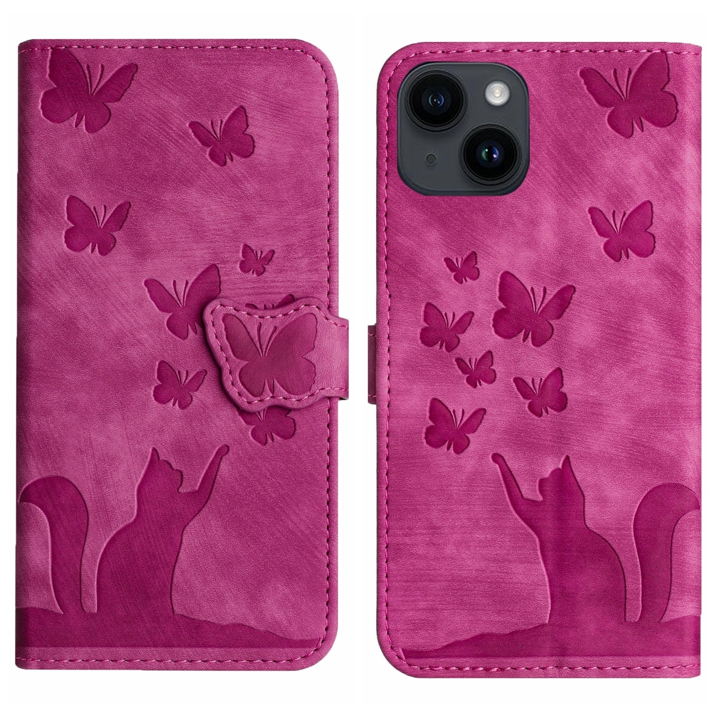 ELECTROPRIME For iPhone 15 Butterfly Cat Embossing Flip Leather Phone Case(Pink)