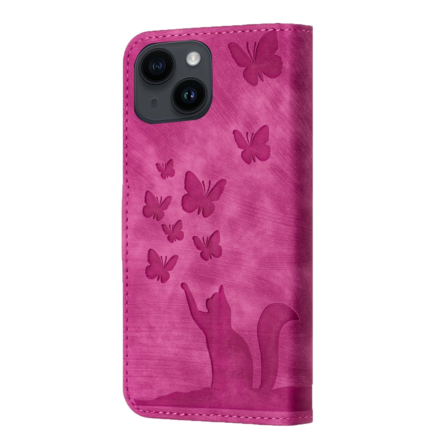 ELECTROPRIME For iPhone 15 Butterfly Cat Embossing Flip Leather Phone Case(Pink)