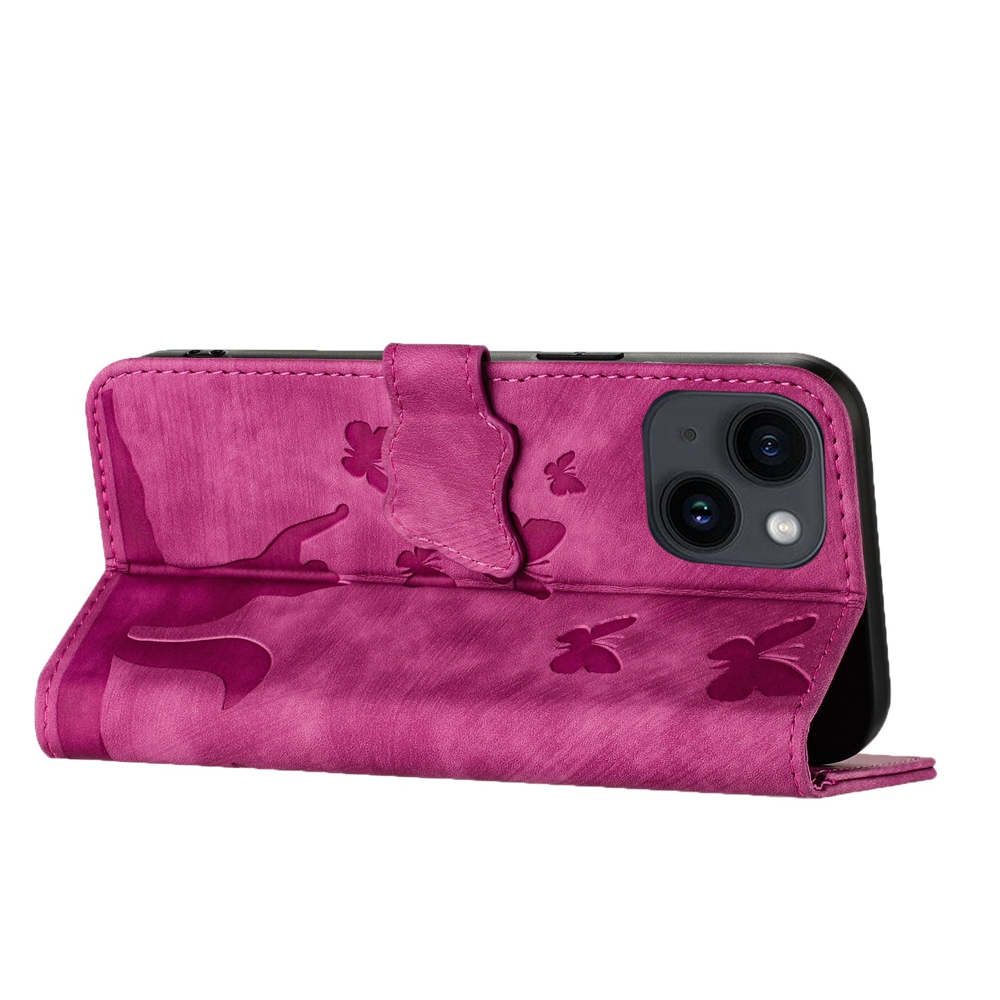 ELECTROPRIME For iPhone 15 Butterfly Cat Embossing Flip Leather Phone Case(Pink)