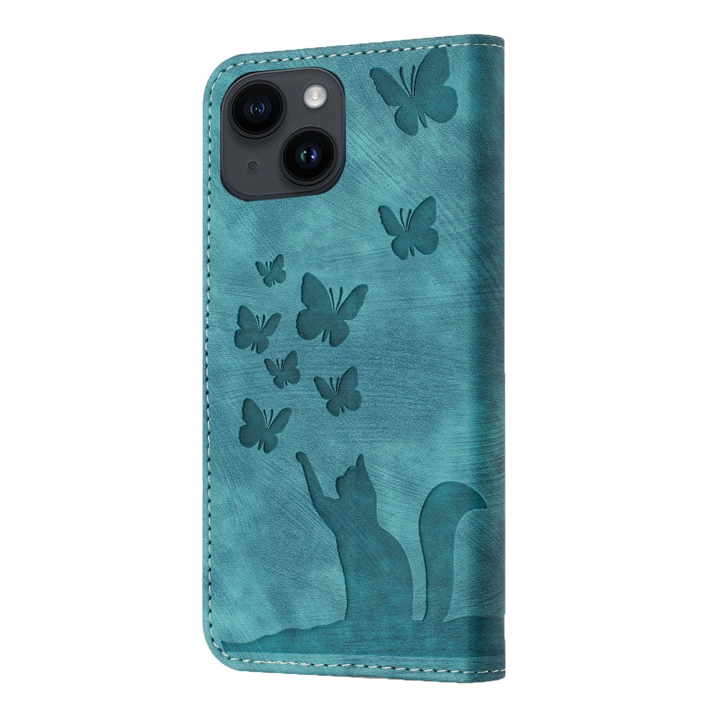 ELECTROPRIME For iPhone 15 Butterfly Cat Embossing Flip Leather Phone Case(Wathet)
