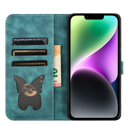 ELECTROPRIME For iPhone 15 Butterfly Cat Embossing Flip Leather Phone Case(Wathet)