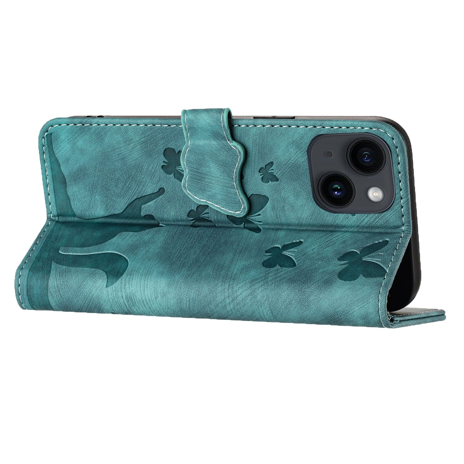 ELECTROPRIME For iPhone 15 Butterfly Cat Embossing Flip Leather Phone Case(Wathet)