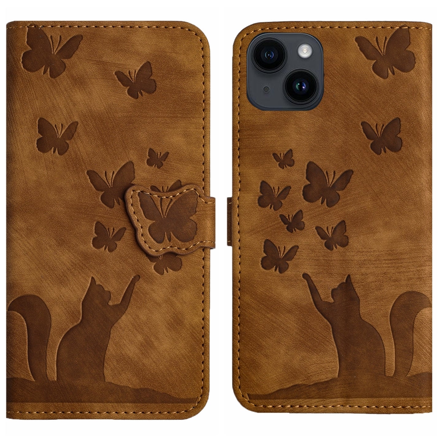 ELECTROPRIME For iPhone 15 Butterfly Cat Embossing Flip Leather Phone Case(Brown)