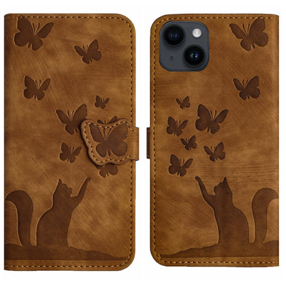 ELECTROPRIME For iPhone 15 Butterfly Cat Embossing Flip Leather Phone Case(Brown)