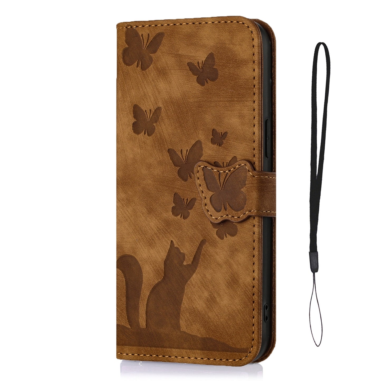 ELECTROPRIME For iPhone 15 Butterfly Cat Embossing Flip Leather Phone Case(Brown)