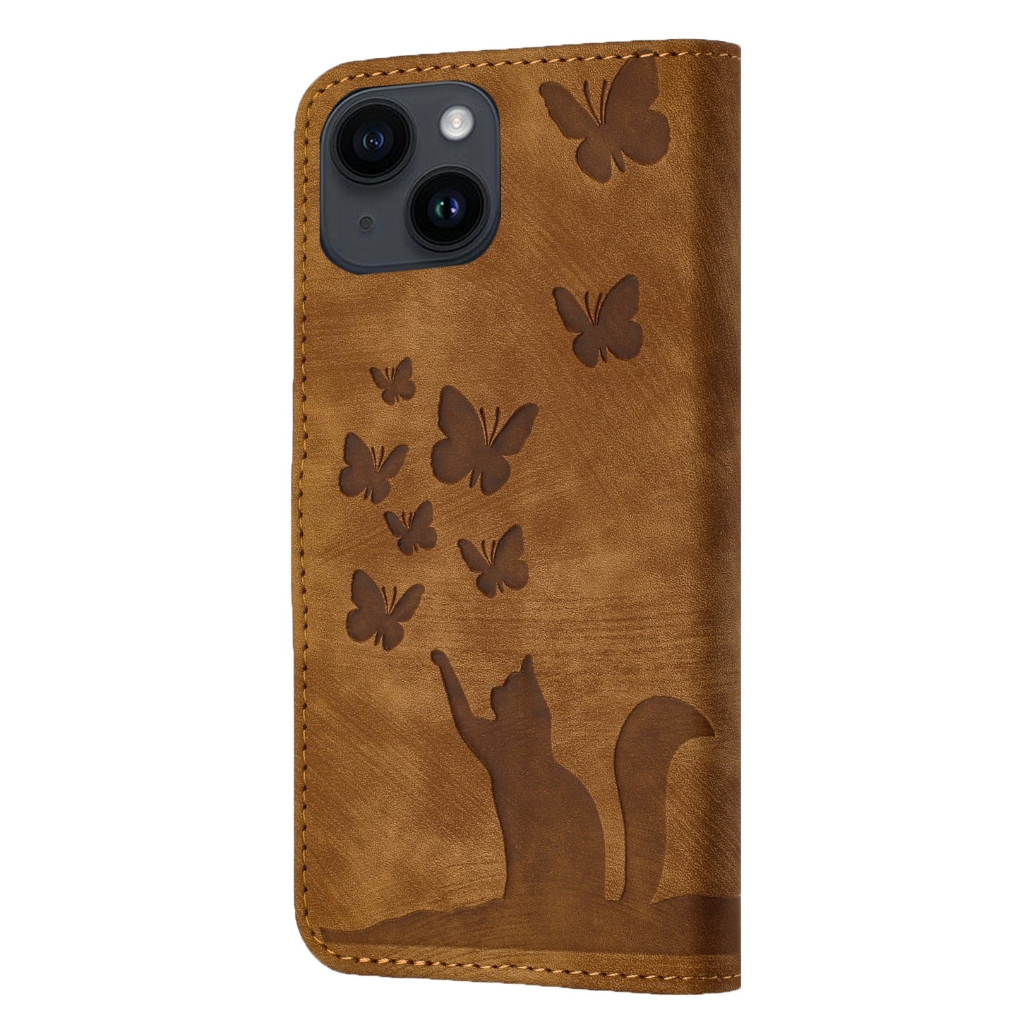 ELECTROPRIME For iPhone 15 Butterfly Cat Embossing Flip Leather Phone Case(Brown)