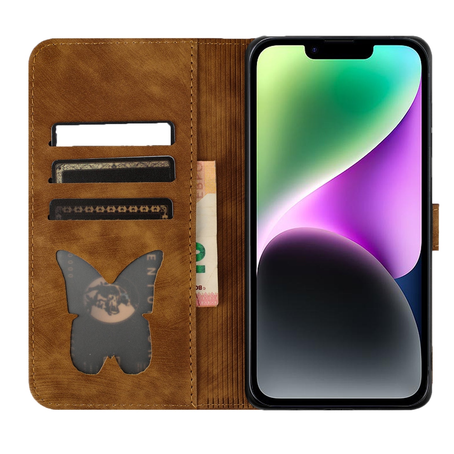 ELECTROPRIME For iPhone 15 Butterfly Cat Embossing Flip Leather Phone Case(Brown)