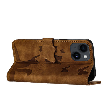 ELECTROPRIME For iPhone 15 Butterfly Cat Embossing Flip Leather Phone Case(Brown)