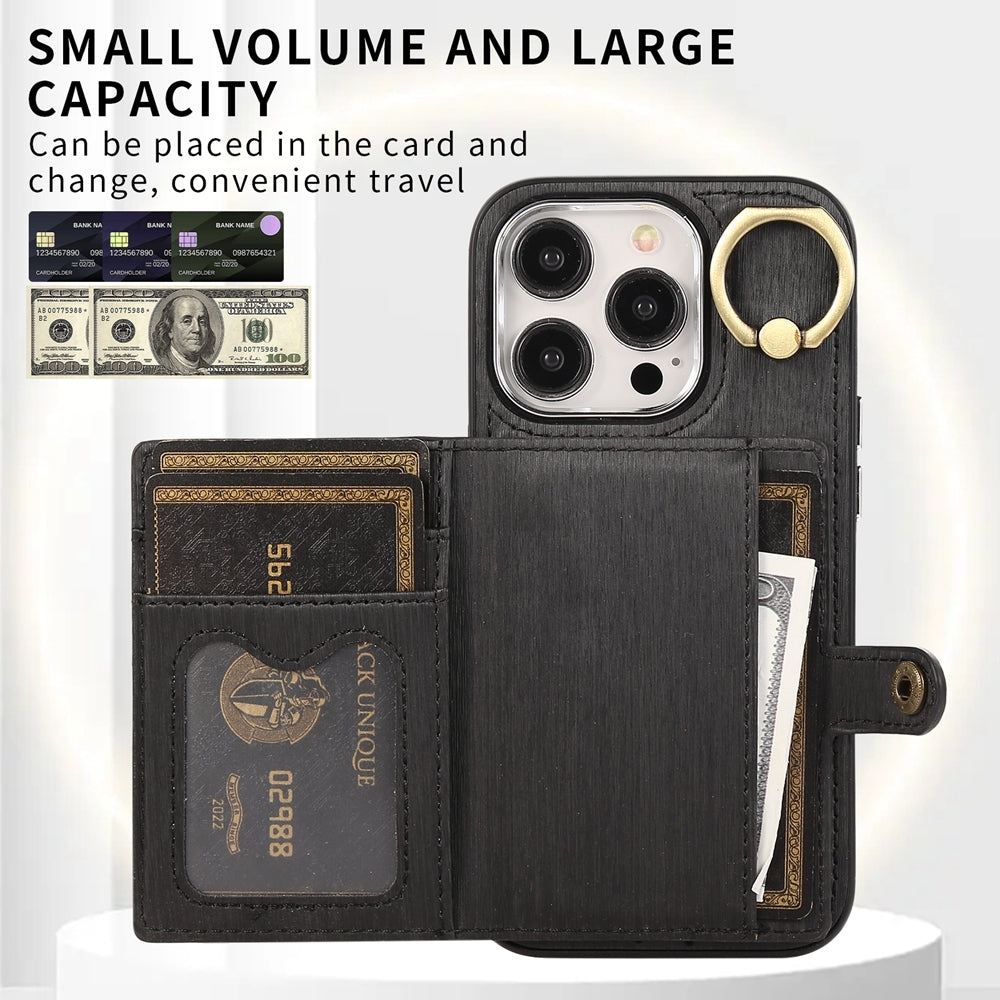 ELECTROPRIME For iPhone 15 Brushed Texture Wallet Ring Holder Phone Case(Black)