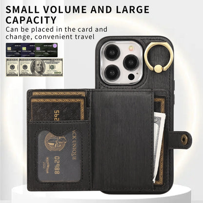 ELECTROPRIME For iPhone 15 Brushed Texture Wallet Ring Holder Phone Case(Black)